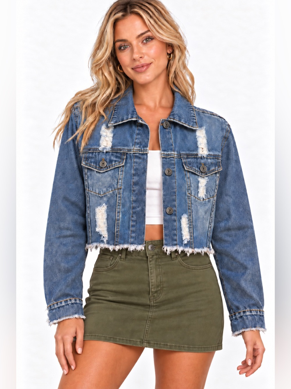 Love Tree Distressed Blue Cropped Denim Jacket
